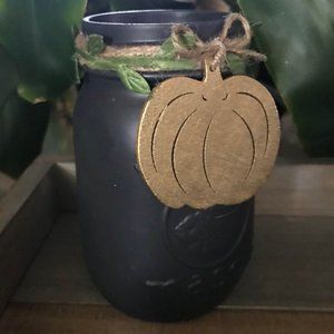 Handmade Charcoal-Colored Mason Jar with Gold Pumpkin & Green Vine Details